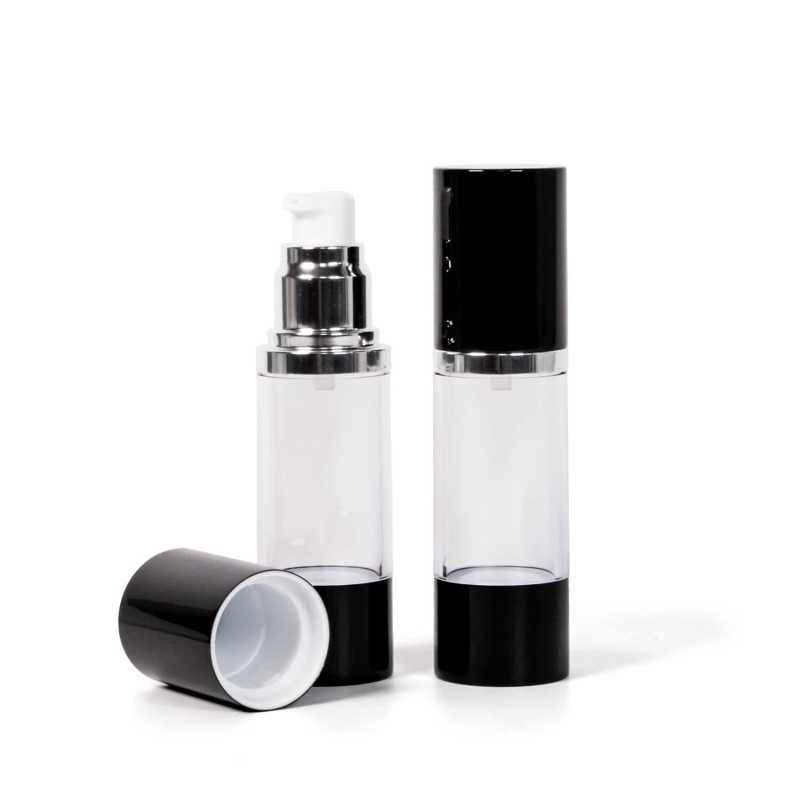 Flacone airless trasparente, sopra-tappo nero, 30 ml