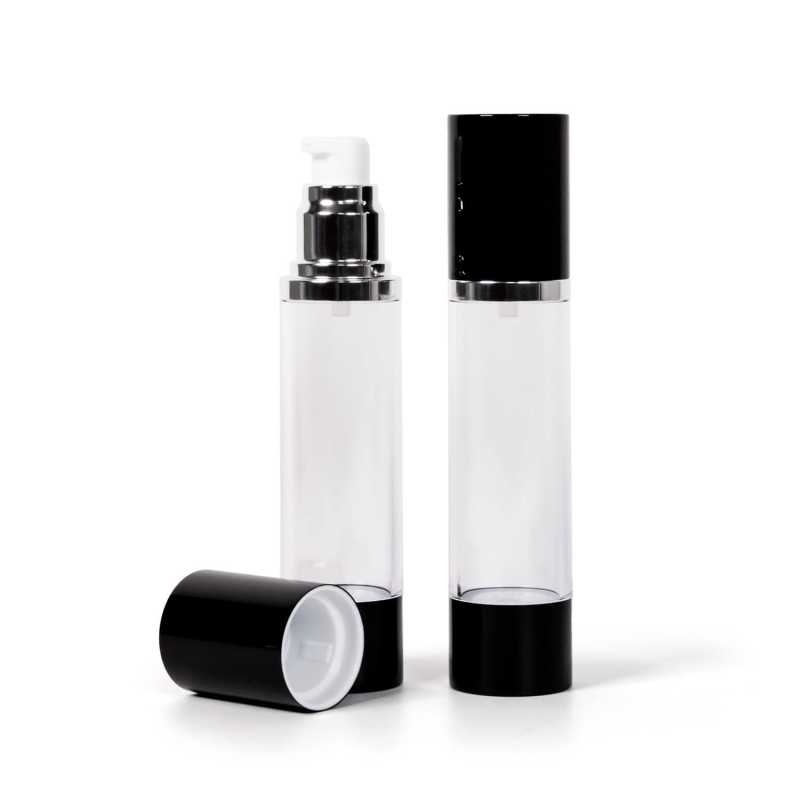 Flacone airless trasparente, sopra-tappo nero, 45 ml
