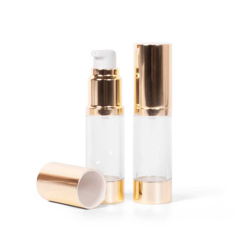 Flacone airless trasparente, fondo dorato, 15 ml
