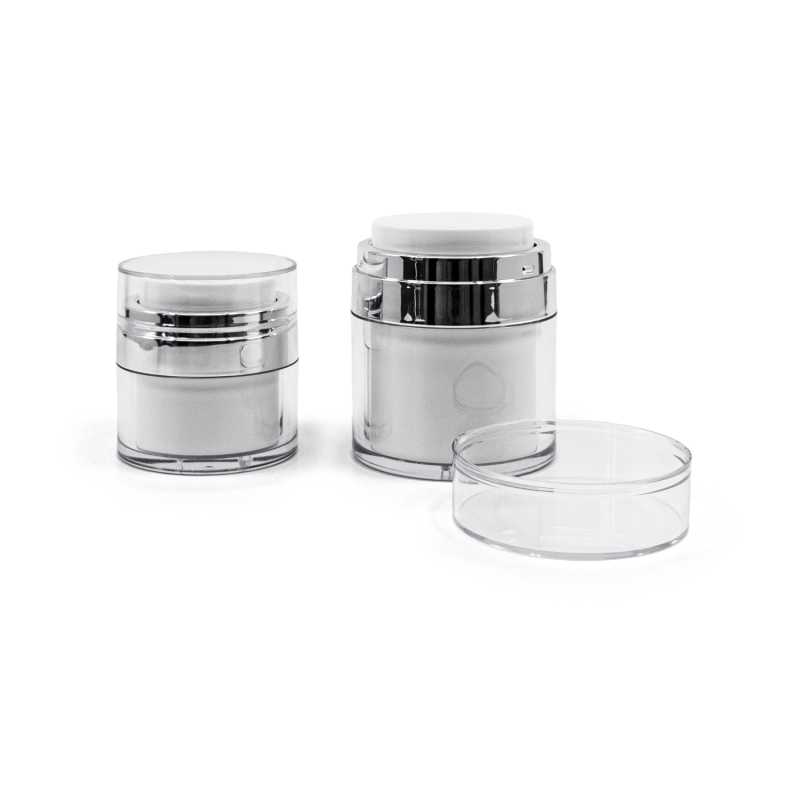 Vaso airless in plastica bianco con bordo argentato, 15 ml