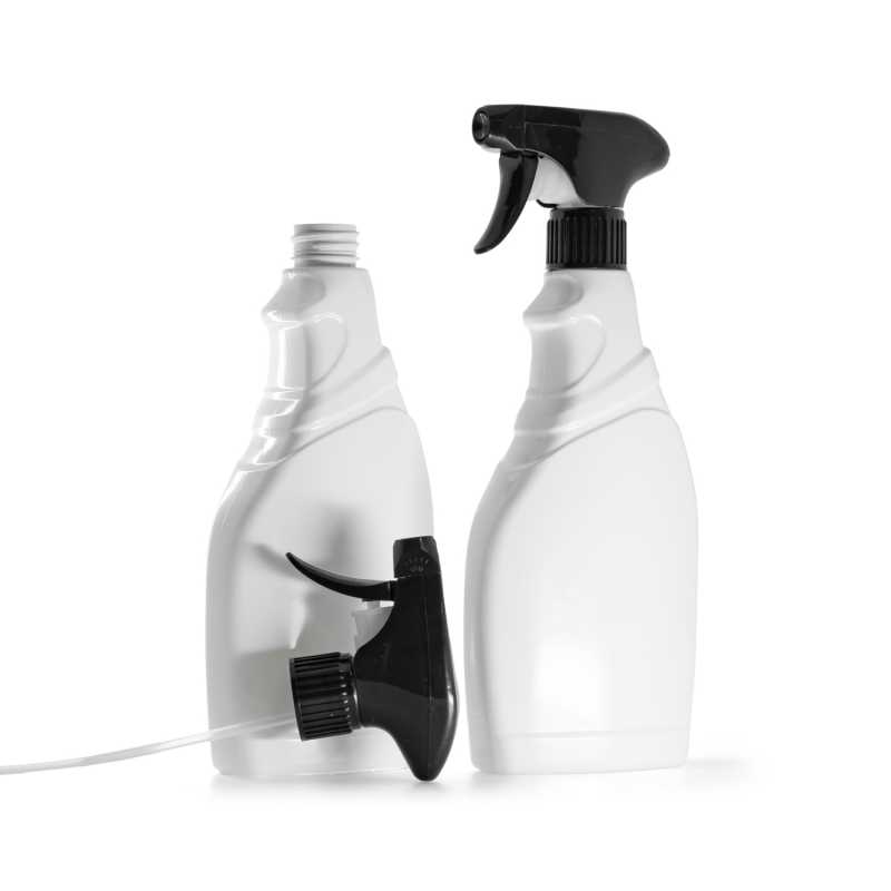 Bottiglia di plastica per detergenti, bianca, spruzzatore a grilletto nero, 500 ml