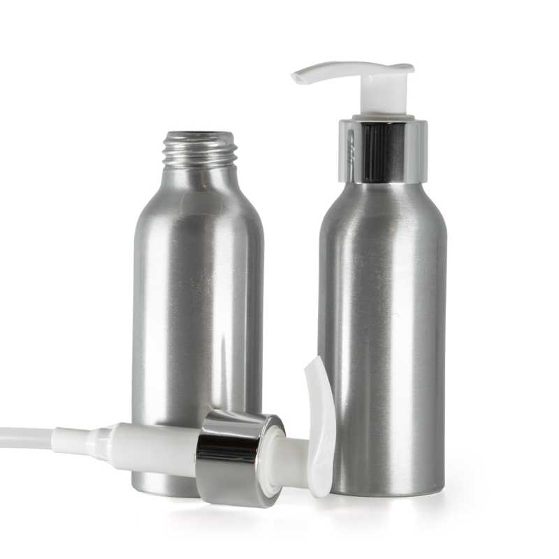 Bottiglia di alluminio, pompa lozione bianca con collare liscio argentato, 100 ml