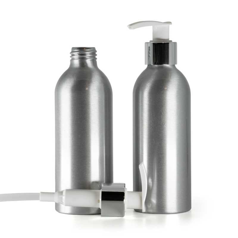 Bottiglia di alluminio, pompa bianca con anello argento lucido, 200 ml