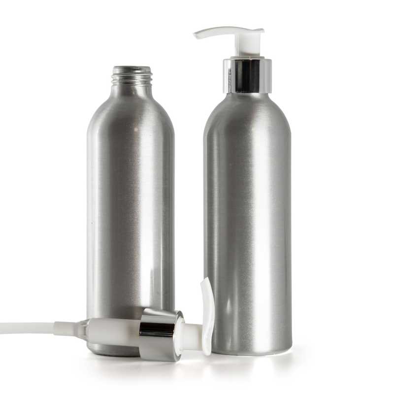 Bottiglia di alluminio, pompa bianca con anello argento lucido, 225 ml