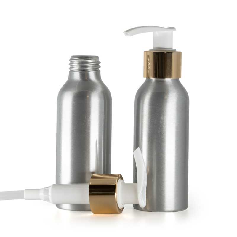 Bottiglia di alluminio, pompa lozione bianca con collare liscio dorato, 100 ml