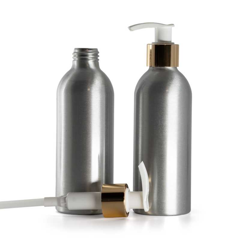 Bottiglia di alluminio, pompa lozione bianca con collare dorato, 200 ml