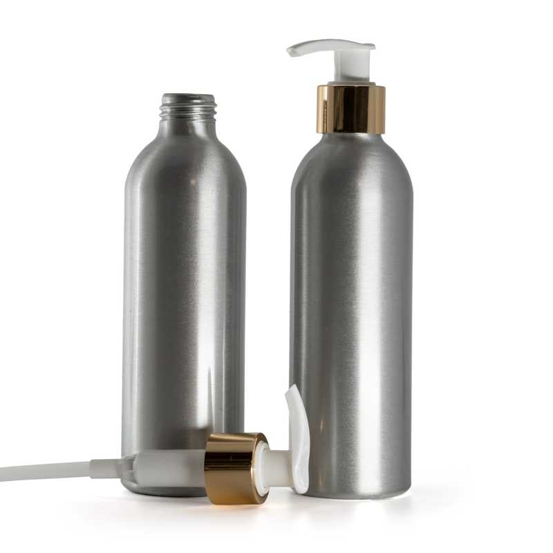 Bottiglia di alluminio, pompa dosatrice bianca con anello liscio dorato, 225 ml