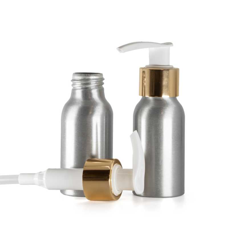 Flacone di alluminio, pompa crema bianca con anello liscio dorato, 50 ml