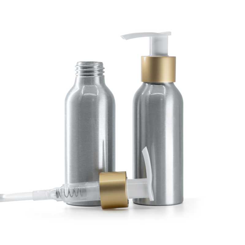 Bottiglia di alluminio, pompa lozione bianca con anello oro opaco, 100 ml
