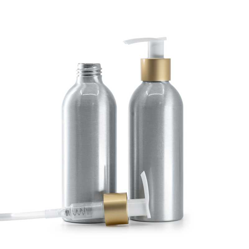 Bottiglia di alluminio, pompa bianca con collare dorato opaco, 200 ml