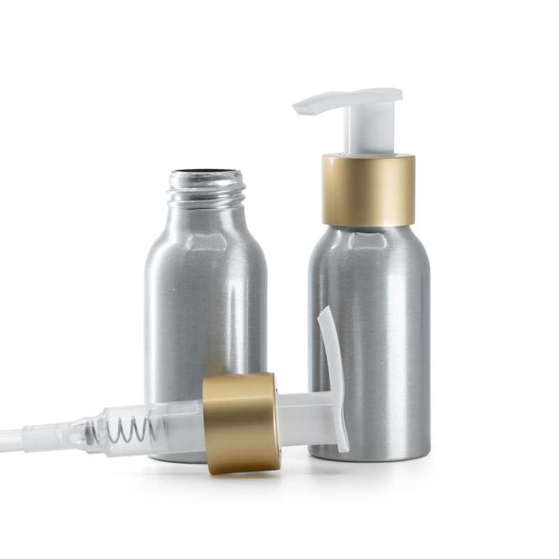 Flacone di alluminio, pompa bianca con anello oro opaco, 50 ml