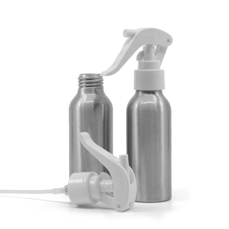 Bottiglia di alluminio, spruzzatore a grilletto bianco, 100 ml