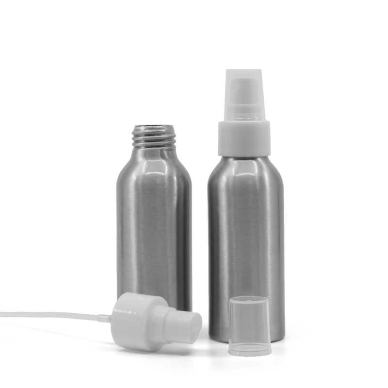 Bottiglia di alluminio, spruzzatore bianco, 100 ml