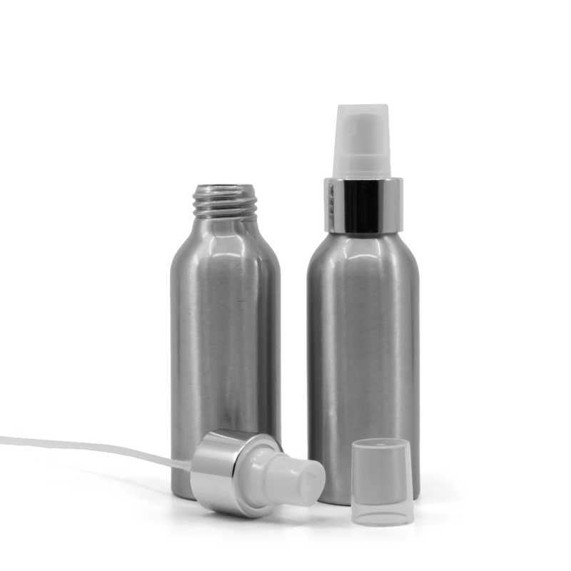 Bottiglia di alluminio, spruzzatore bianco, anello argento lucido, 100 ml