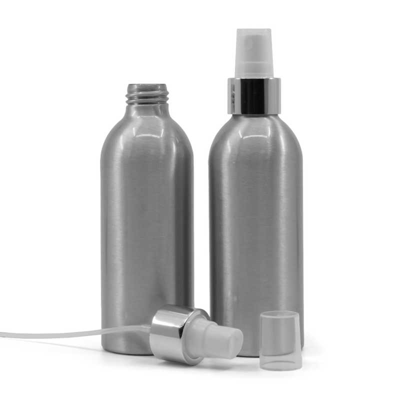 Bottiglia di alluminio, spruzzatore bianco, anello argentato lucido, 200 ml