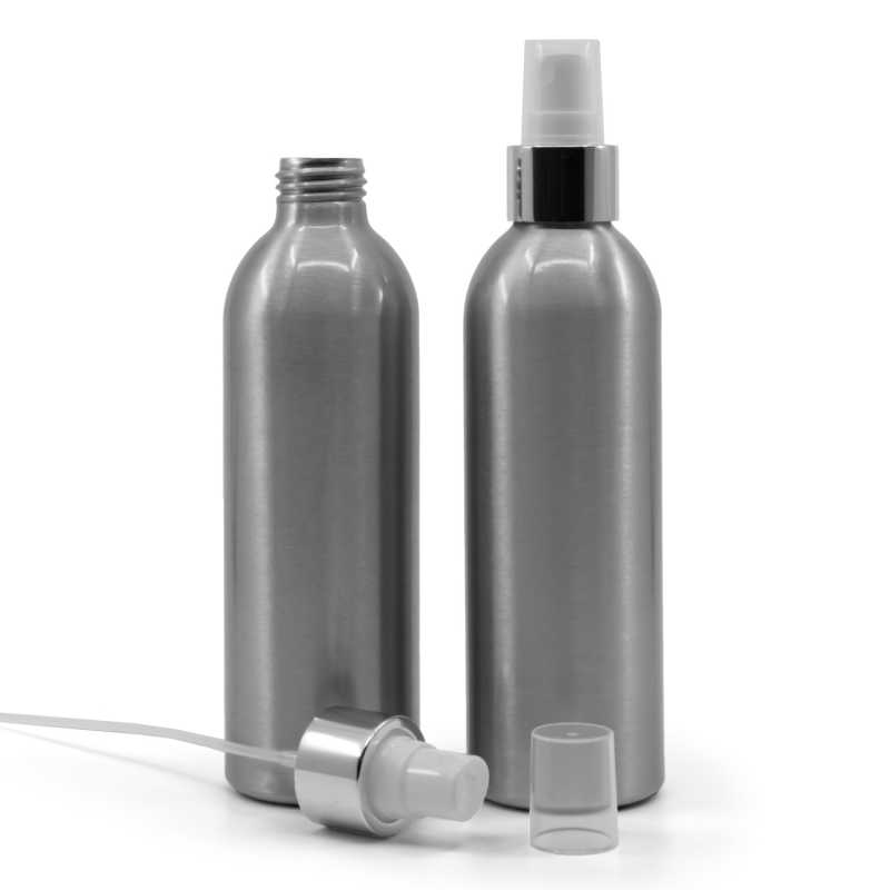 Bottiglia di alluminio, spruzzatore bianco, anello argentato lucido, 225 ml