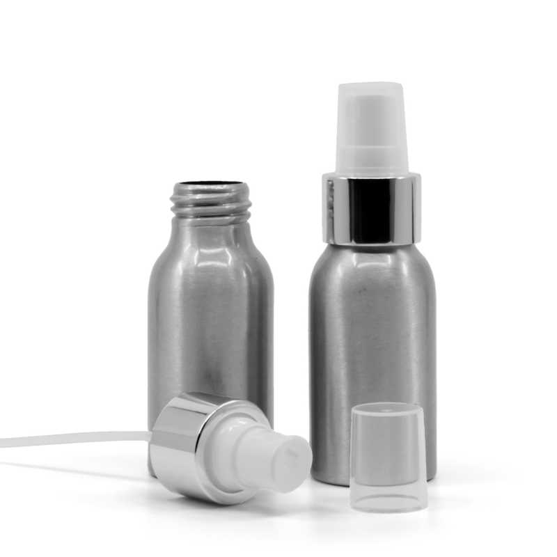 Flacone di alluminio, spruzzatore bianco, anello argento lucido, 50 ml