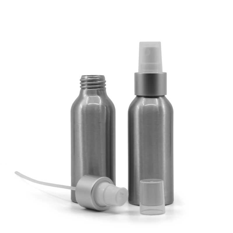 Bottiglia in alluminio, spruzzatore bianco, anello argento opaco, 100 ml