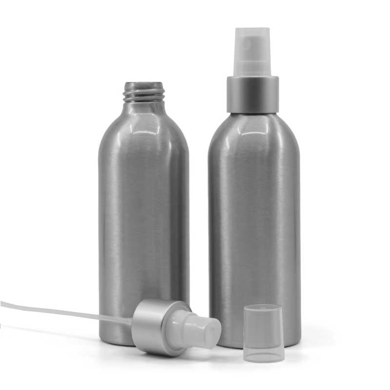 Bottiglia di alluminio, spruzzatore bianco, anello argento opaco, 200 ml