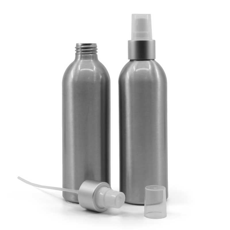 Bottiglia in alluminio, spruzzatore bianco, anello argento opaco, 225 ml