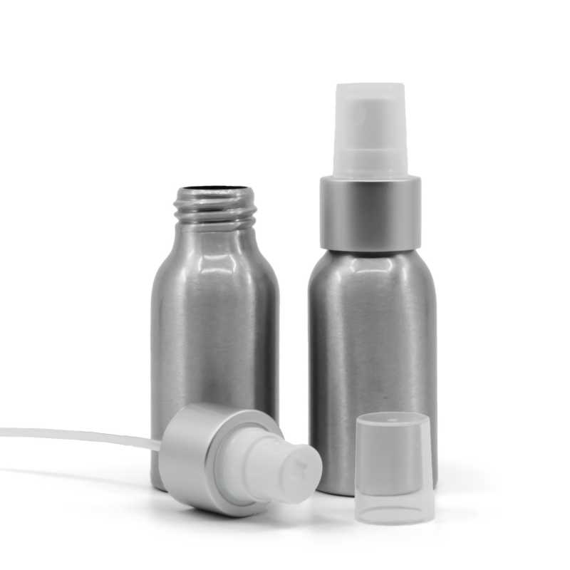 Flacone di alluminio, spruzzatore bianco, anello argentato opaco, 50 ml