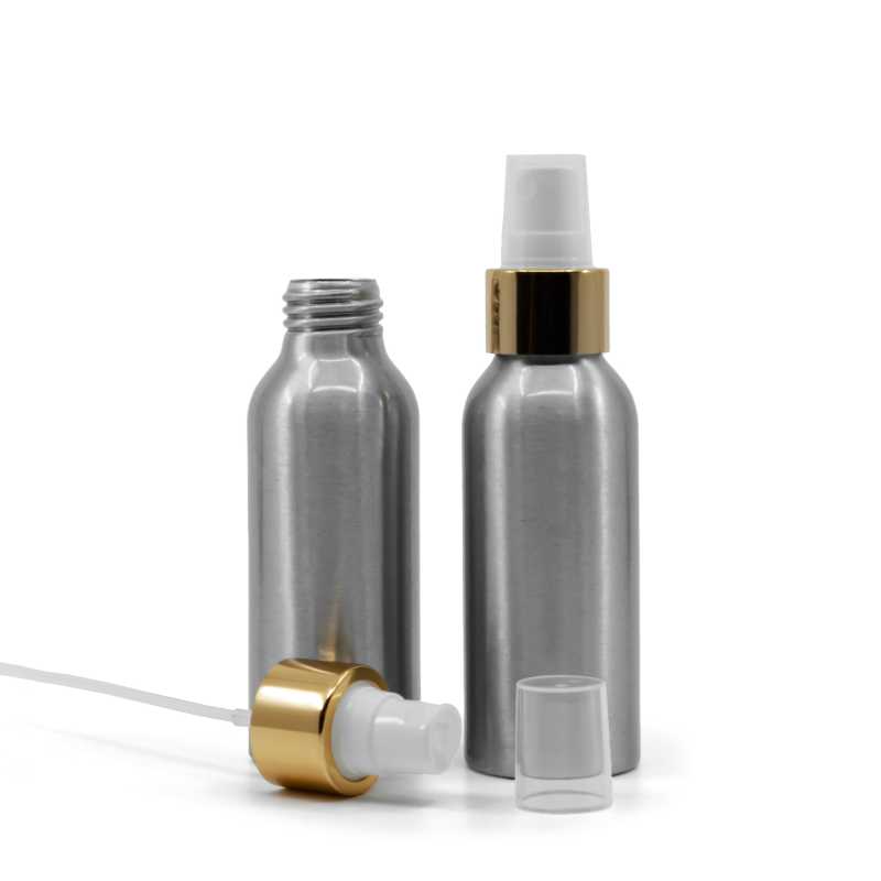 Bottiglia di alluminio, spruzzatore bianco, anello dorato lucido, 100 ml