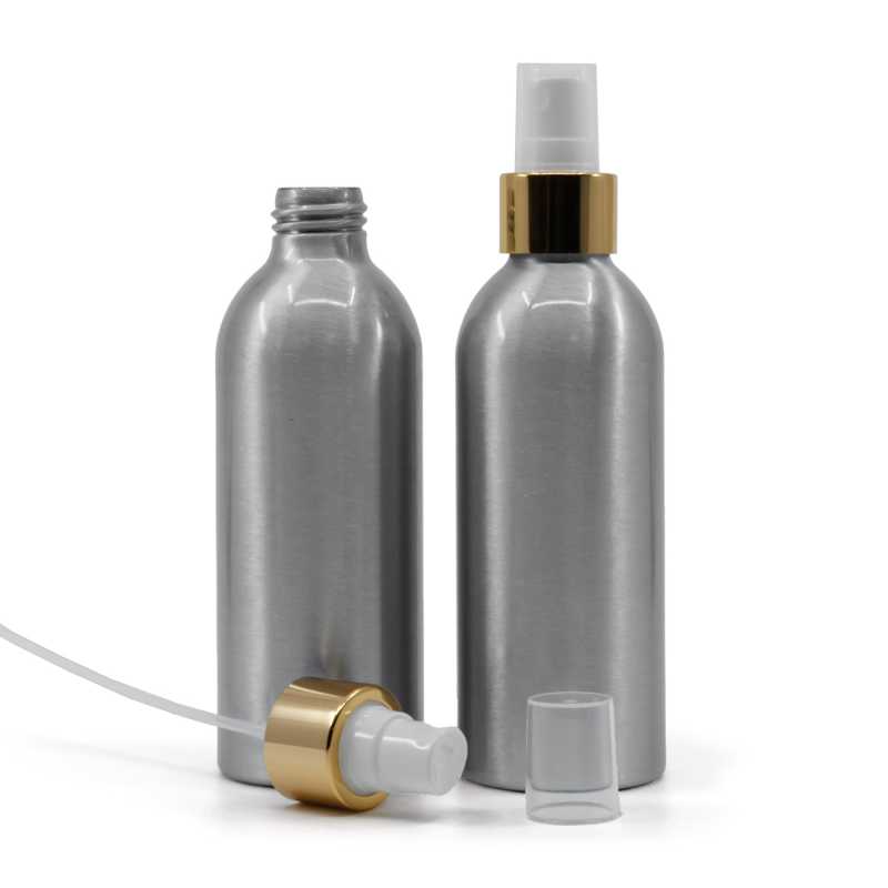 Bottiglia di alluminio, spruzzatore bianco, anello dorato lucido, 200 ml