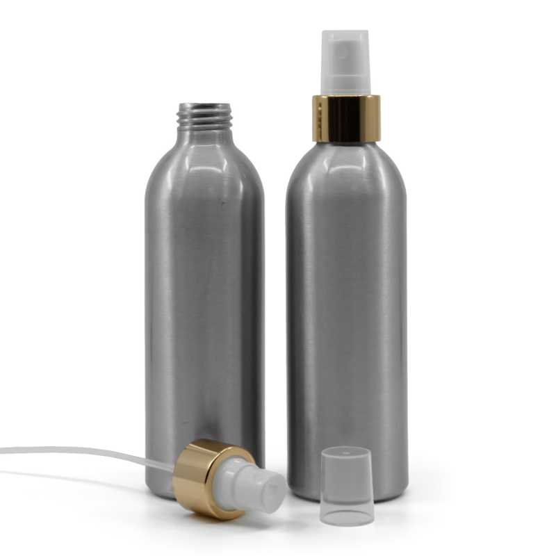 Bottiglia di alluminio, spruzzatore bianco, anello oro lucido, 225 ml