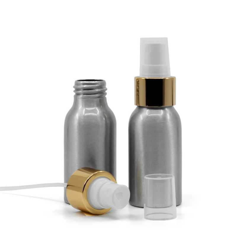 Flacone di alluminio, spruzzatore bianco, anello dorato lucido, 50 ml