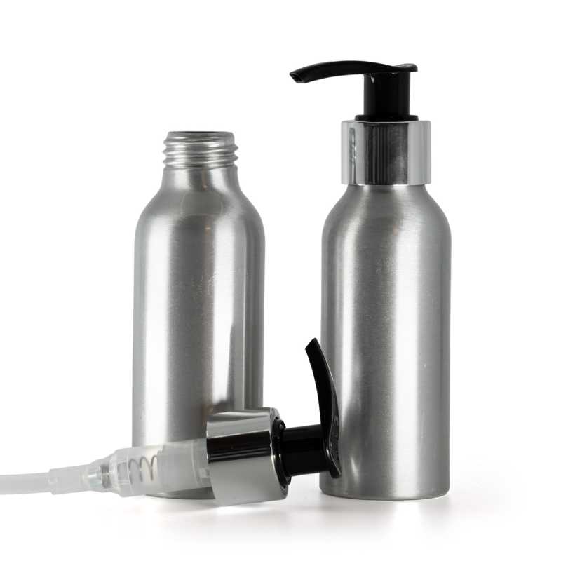 Flacone di alluminio, pompa nera e argento, 100 ml