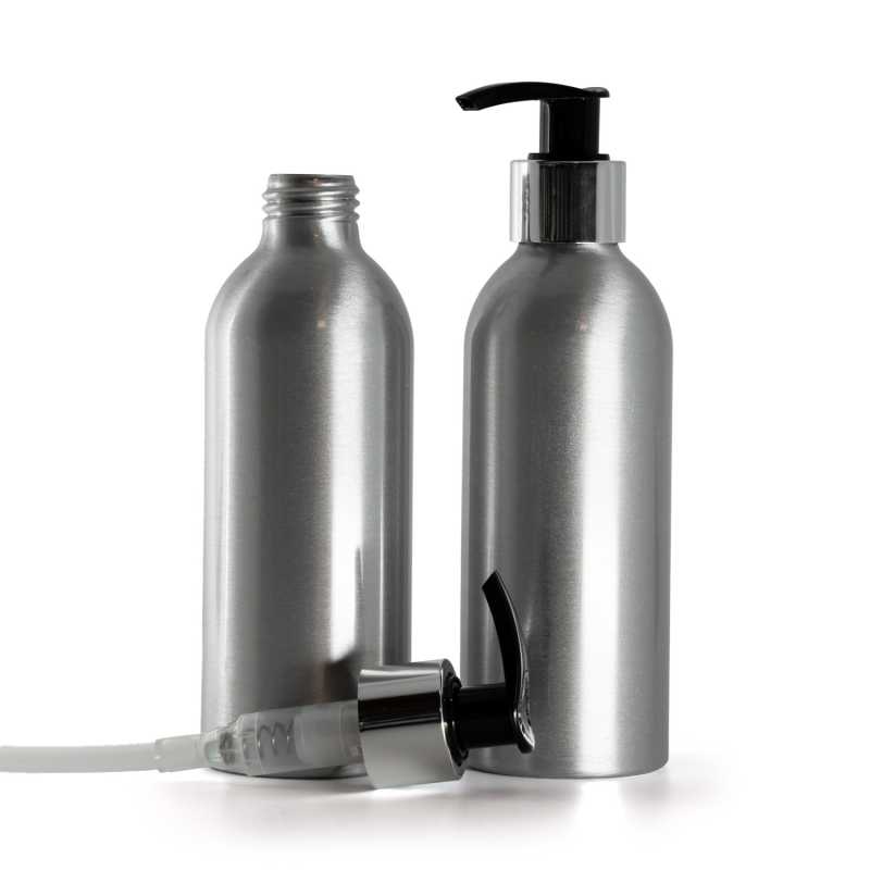 Bottiglia di alluminio, pompa dosatrice nera, 200 ml