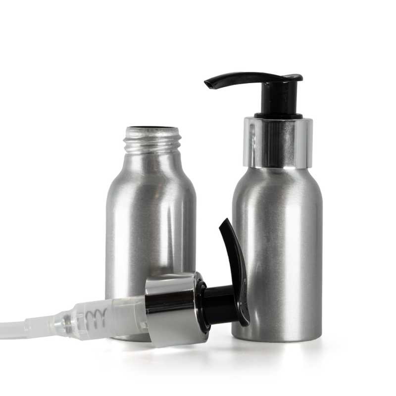 Flacone di alluminio, pompa nera, anello liscio argentato, 50 ml