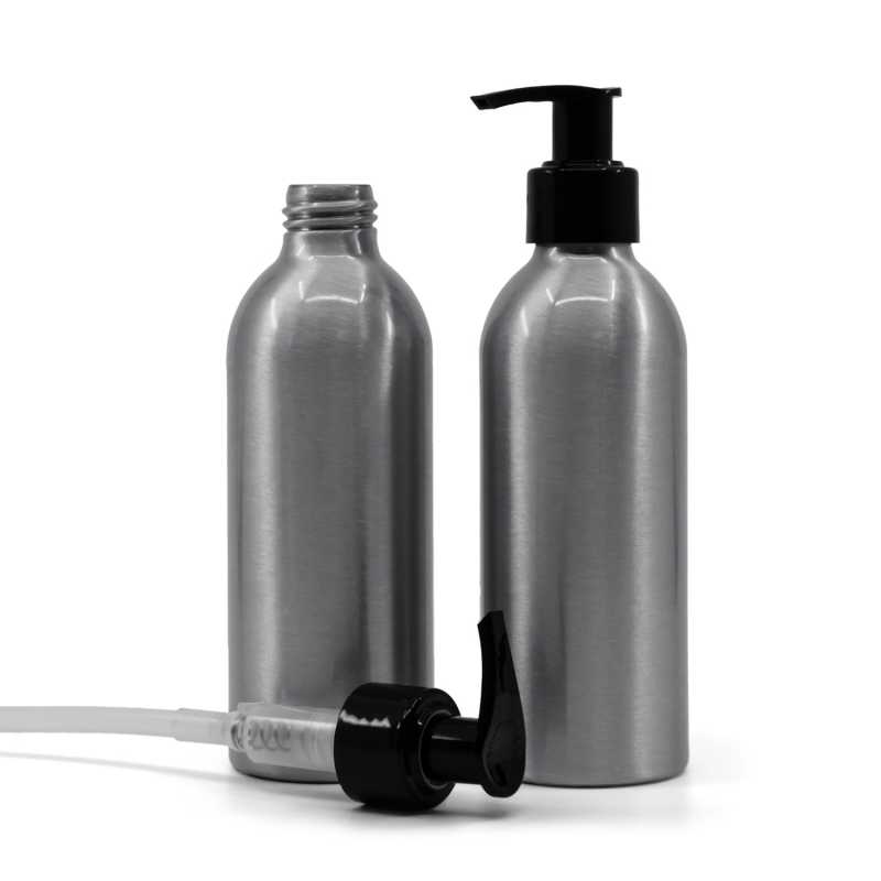 Bottiglia in alluminio, pompa nera, 200 ml