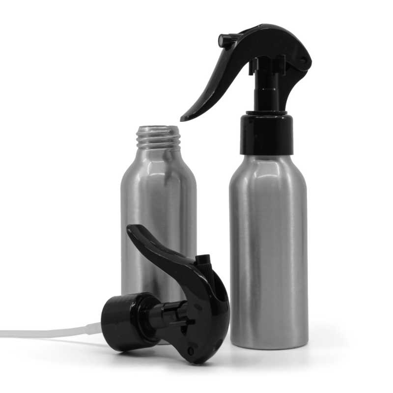 Bottiglia in alluminio, spruzzatore a grilletto nero, 100 ml