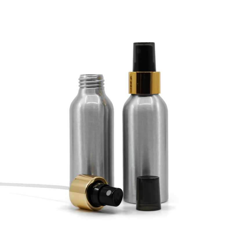 Bottiglia di alluminio, spruzzatore nero, anello dorato lucido, 100 ml