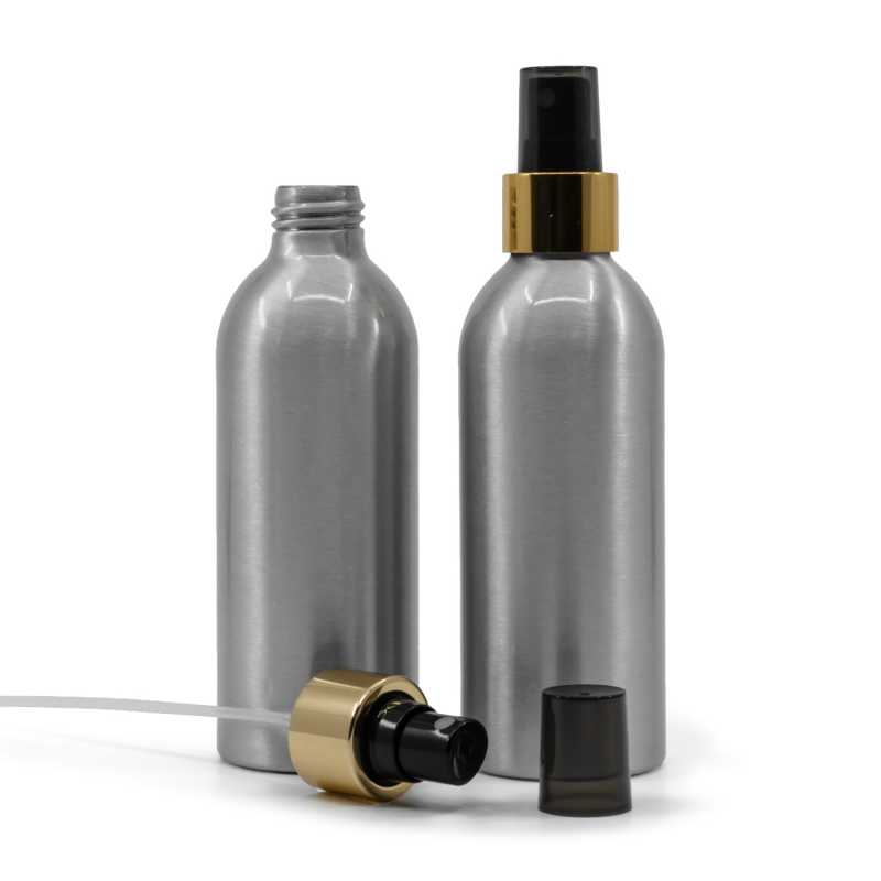 Bottiglia di alluminio, spruzzatore nero, anello dorato lucido, 200 ml
