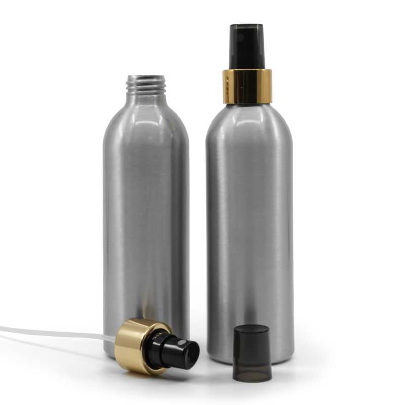 Bottiglia di alluminio, spruzzatore nero, anello dorato lucido, 225 ml