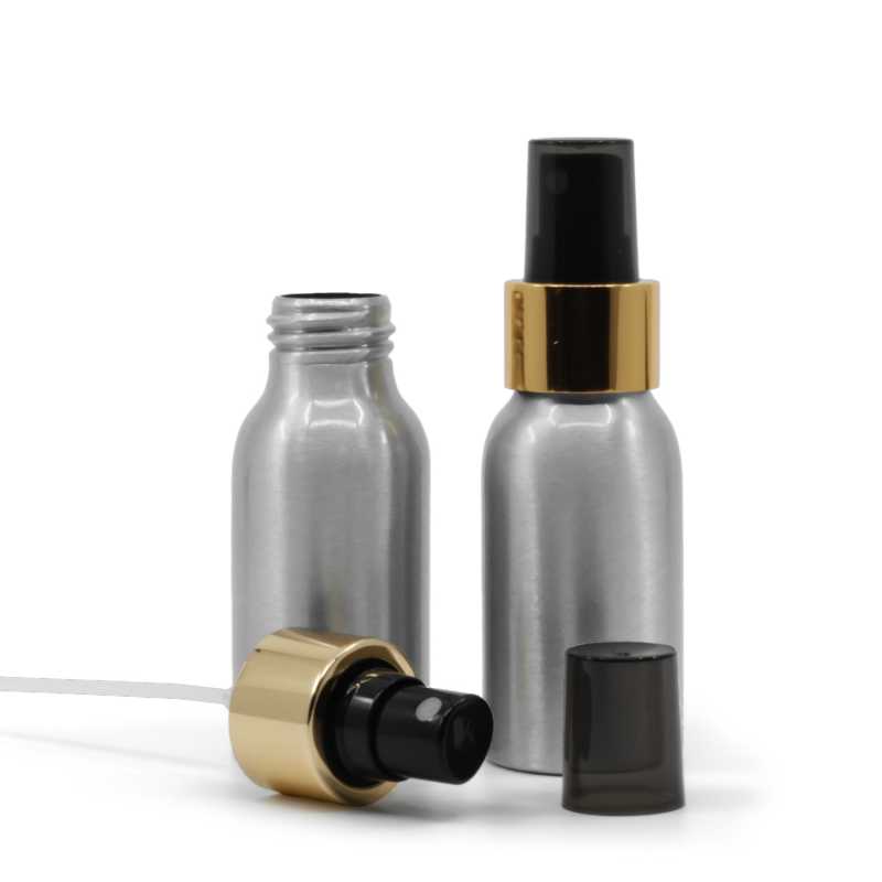 Flacone di alluminio, spruzzatore nero, anello dorato lucido, 50 ml