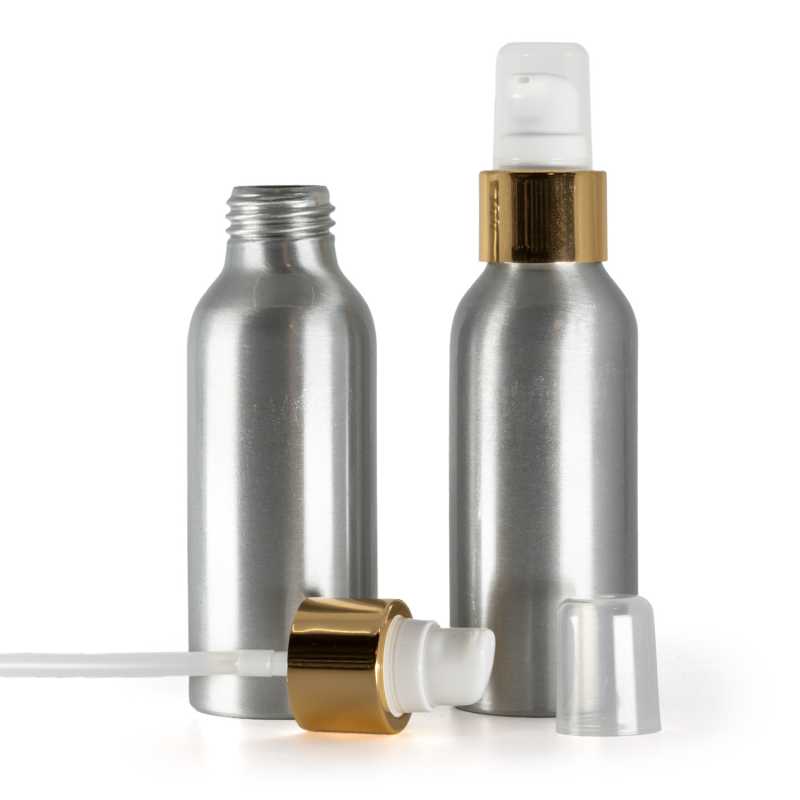Flacone di alluminio, pompa lozione bianca con sopra-tappo, oro lucido, 100 ml