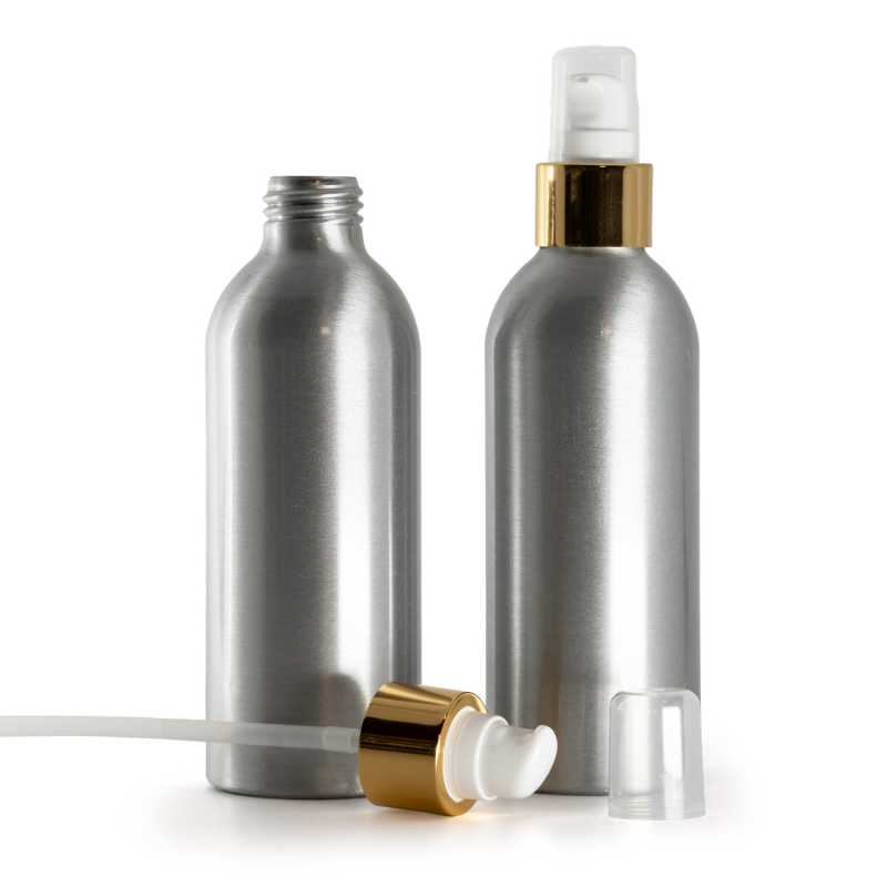 Bottiglia di alluminio, pompa bianca con sopra-tappo, oro lucido, 200 ml