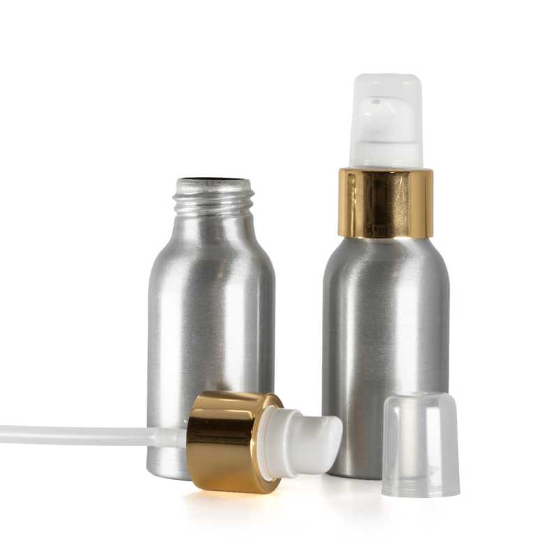 Flacone di alluminio, dosatore bianco con sopra-tappo, oro lucido, 50 ml