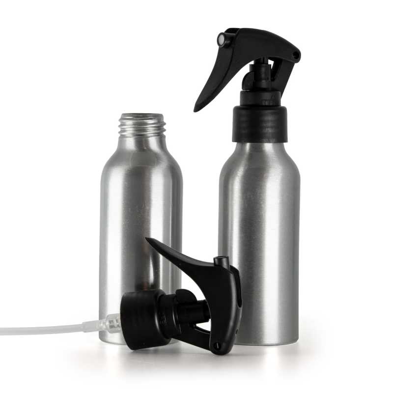 Flacone di alluminio, spruzzatore a grilletto nero opaco, anello liscio, 100 ml