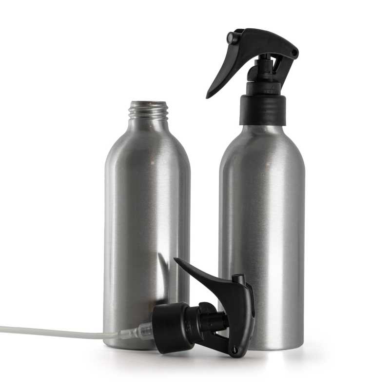 Bottiglia di alluminio, spruzzatore a grilletto nero opaco, anello liscio, 200 ml