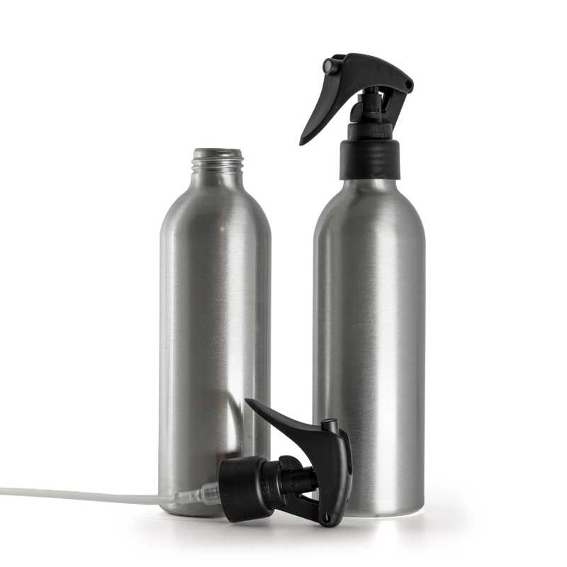 Bottiglia di alluminio, spruzzatore a grilletto nero opaco, anello liscio, 225 ml