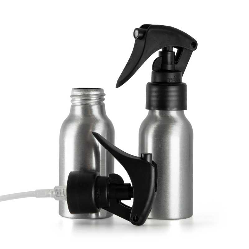 Flacone di alluminio, spruzzatore a grilletto nero opaco, anello liscio, 50 ml