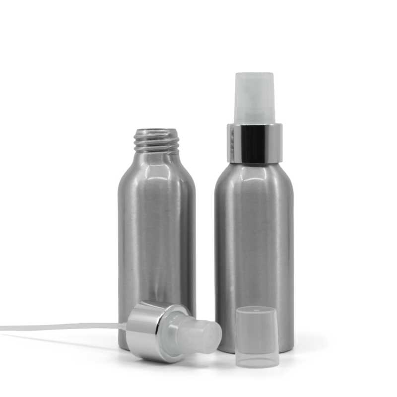 Flacone di alluminio, spruzzatore trasparente, anello argento lucido, 100 ml