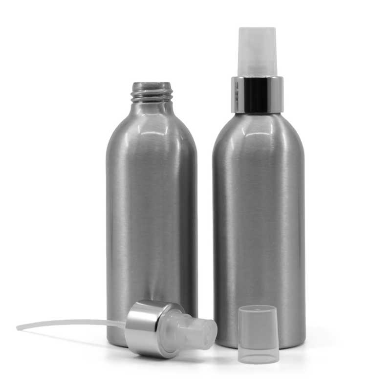 Bottiglia di alluminio, spruzzatore trasparente, anello argentato, 200 ml