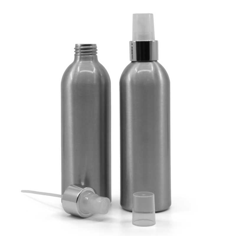 Bottiglia di alluminio, spruzzatore trasparente, anello argento lucido, 225 ml