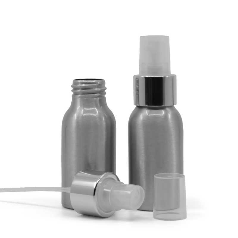 Flacone di alluminio, spruzzatore trasparente, anello argento lucido, 50 ml