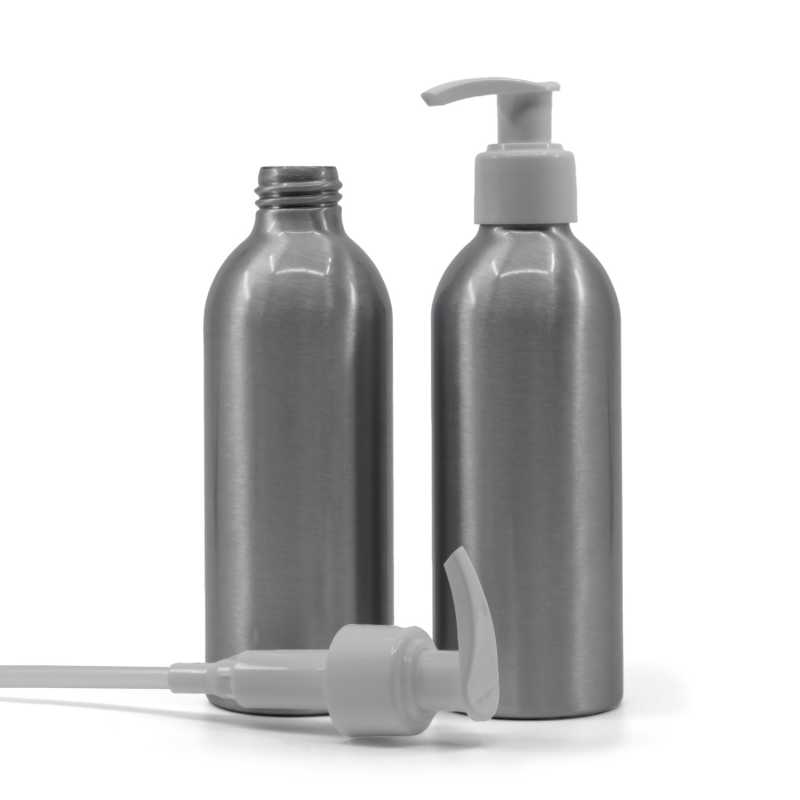 Bottiglia di alluminio, pompa bianca, 200 ml